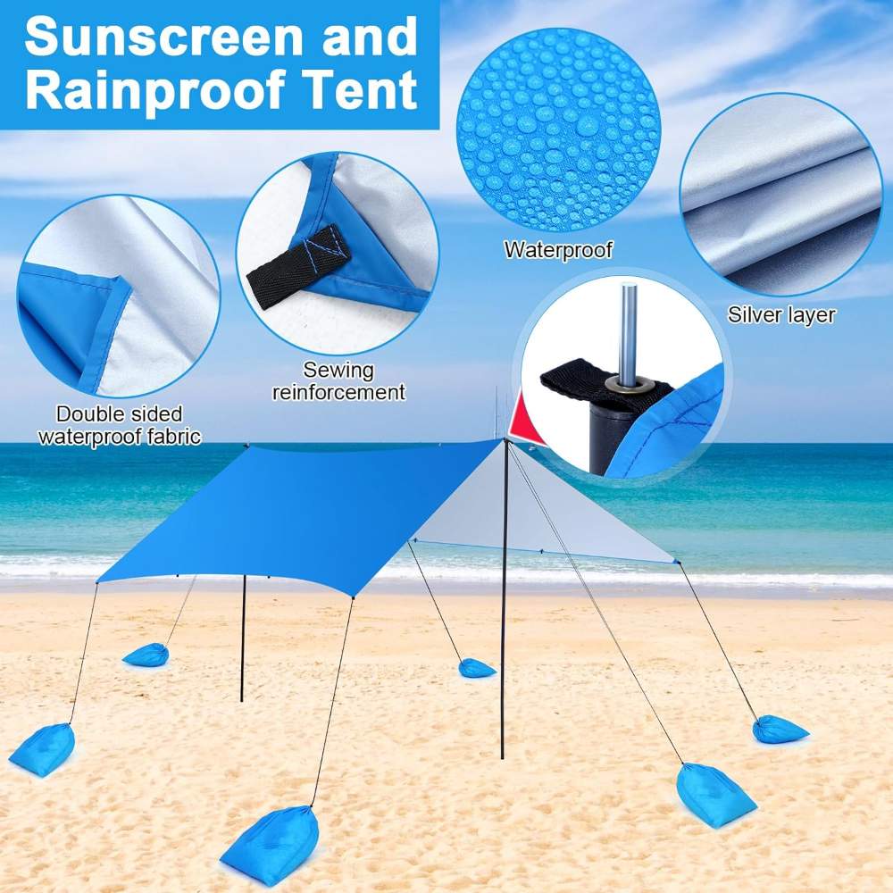 6.6FT high folding rust-proof aluminum poles equipped with EVA foam balls ensuring large beach shade canopy stability