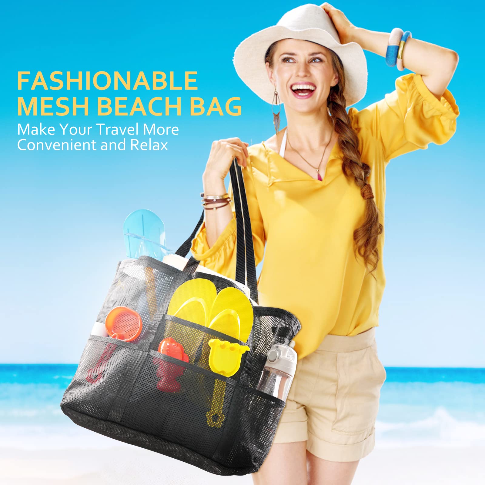 Multiple closure styles including open top and zipper closure with various custom color options for mesh beach bags