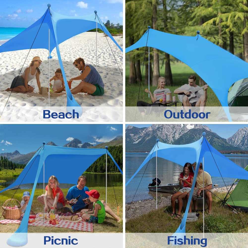 Adjustable portable beach tent set up for park picnics, camping trips, and diverse outdoor events