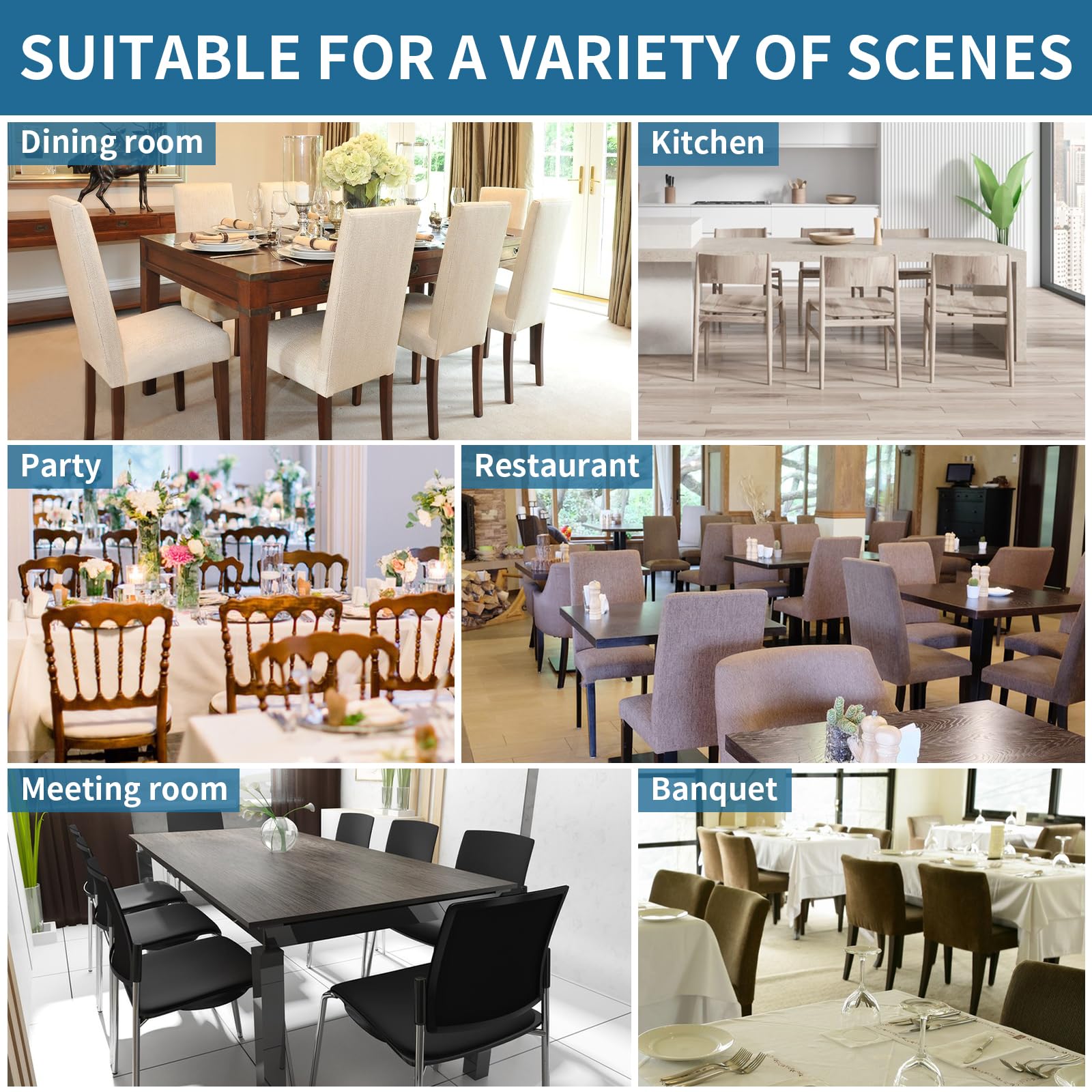 Versatile dining chair covers applied in professional banquet and restaurant settings