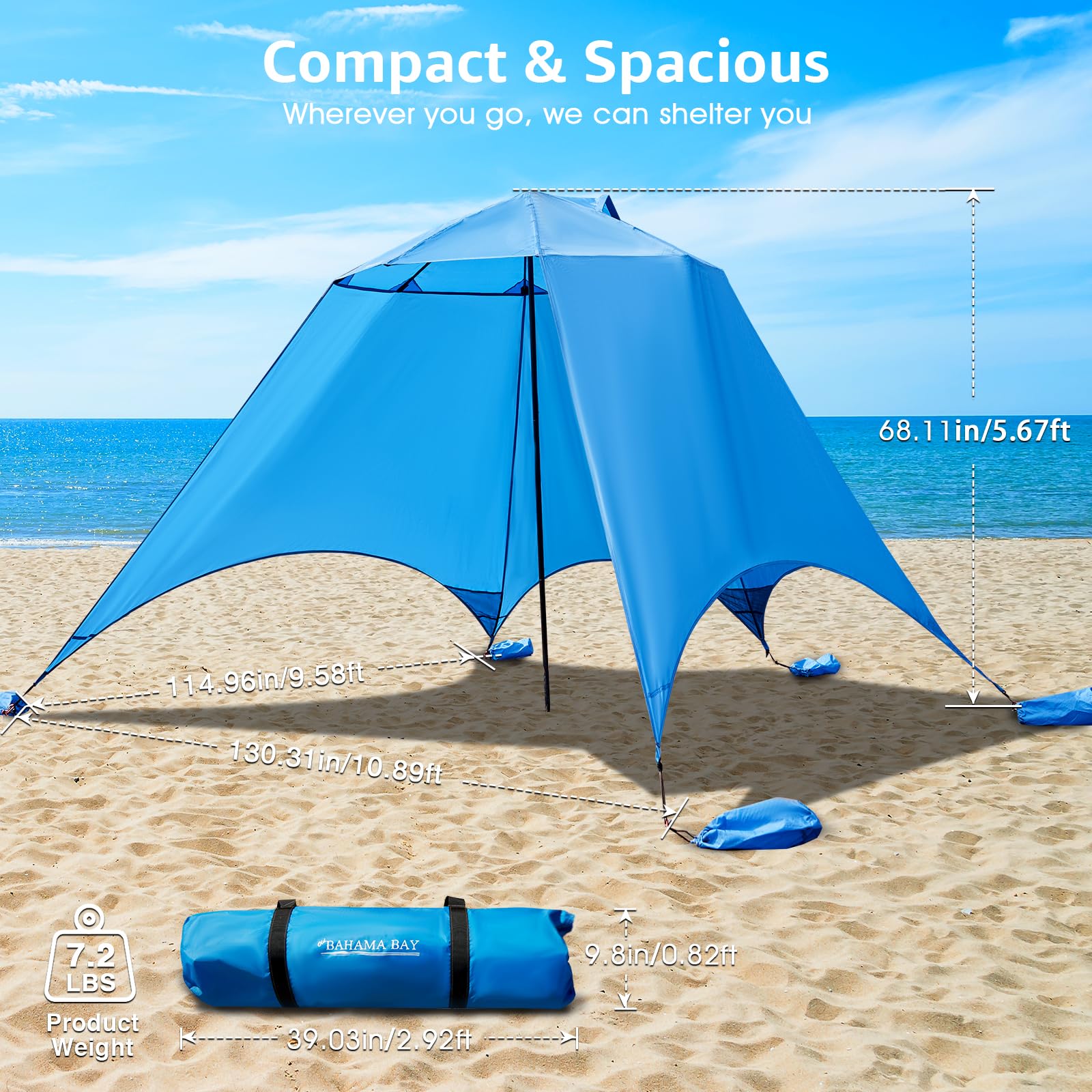 Manufactory UPF 50+ Easy Set Up Beach Canopy Tent Sun Shade,10.9x9.6 FT Portable Beach Tent Sun Shelter