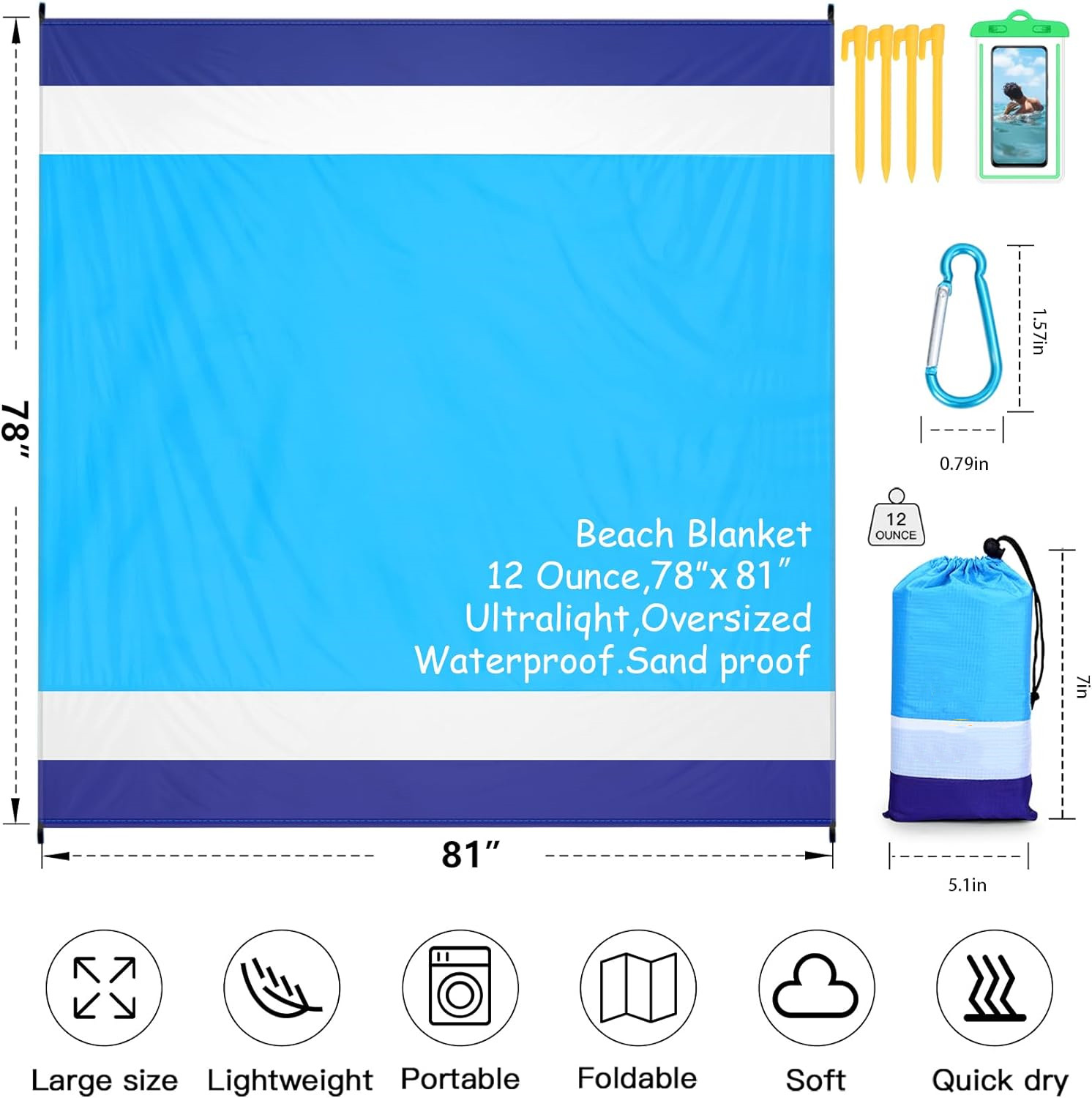 easy to take sandproof Beach Blanket Waterproof Sandproof Oversized 78''×81''