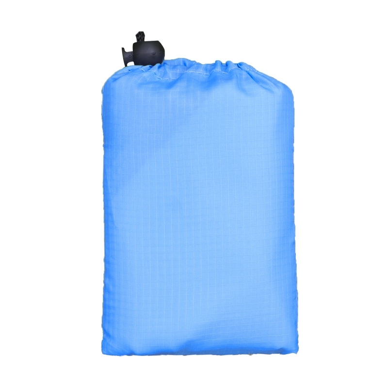 Custom logo sand proof beach blanket folded into its compact carrying pouch with carabiner attached