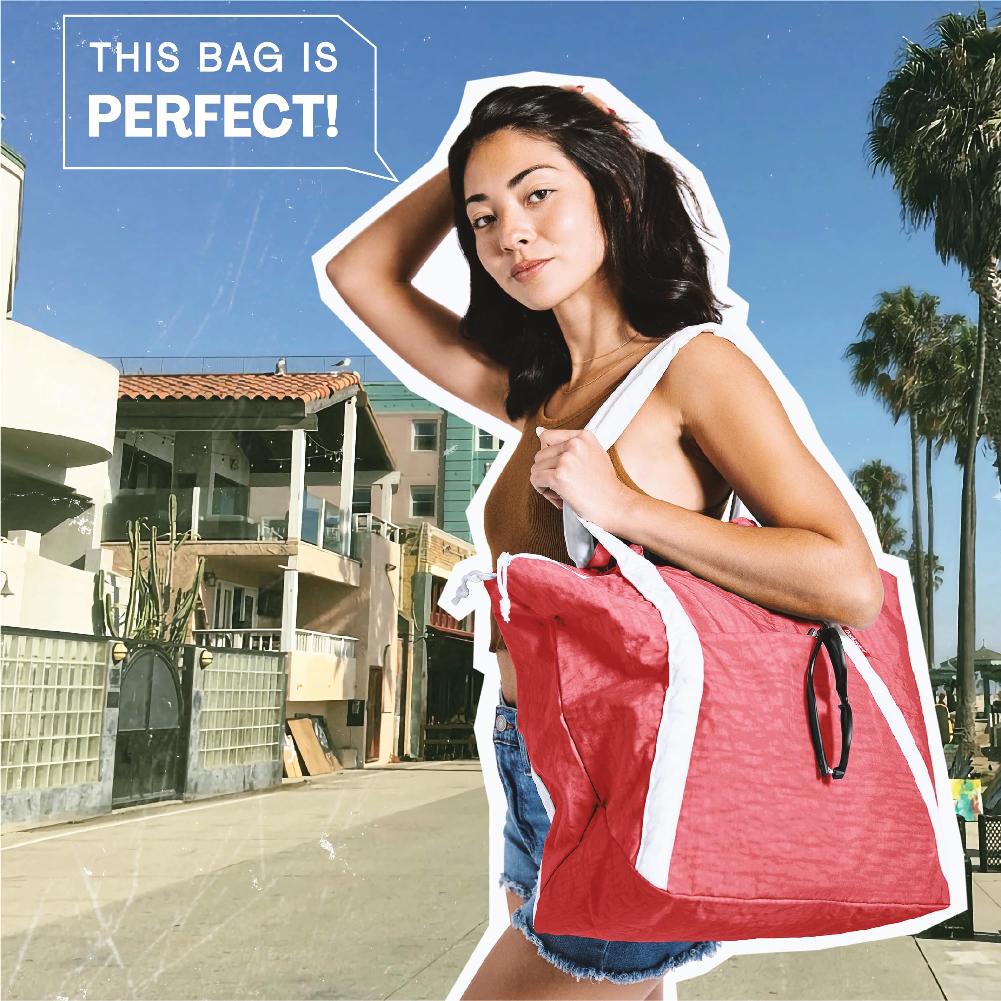 Lightweight foldable beach tote bag in outdoor setting